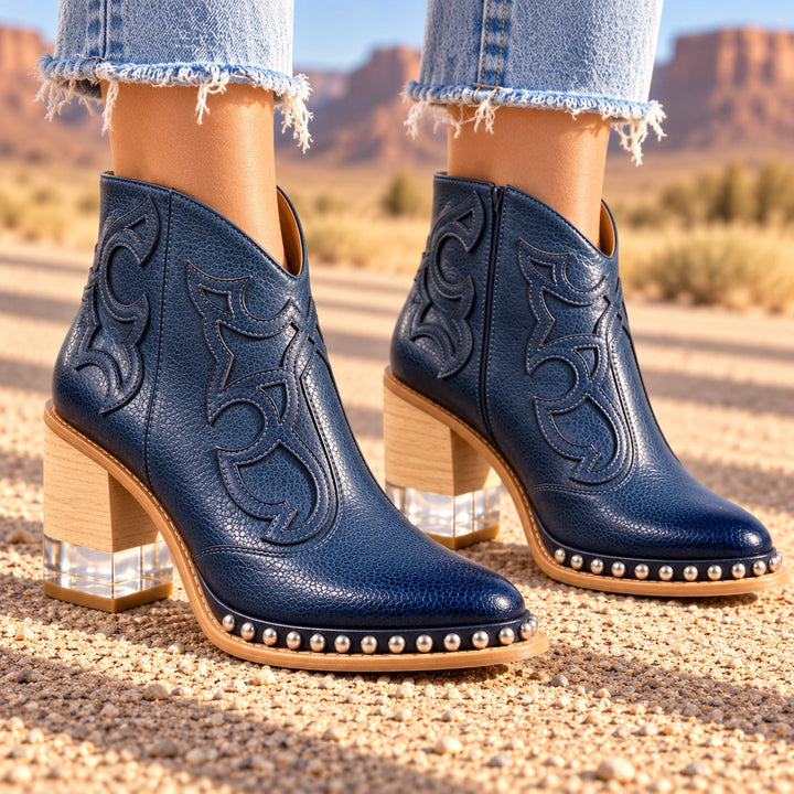 Sonia Studded Western Leather Ankle Boots - Navy