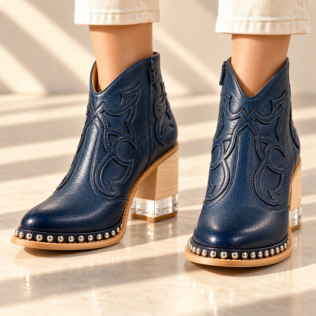 Sonia Studded Western Leather Ankle Boots - Navy