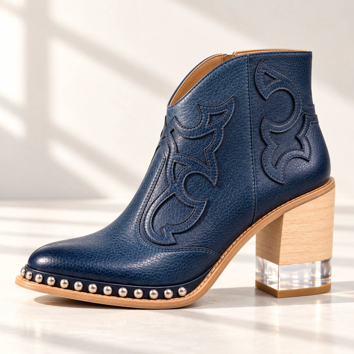 Sonia Studded Western Leather Ankle Boots - Navy