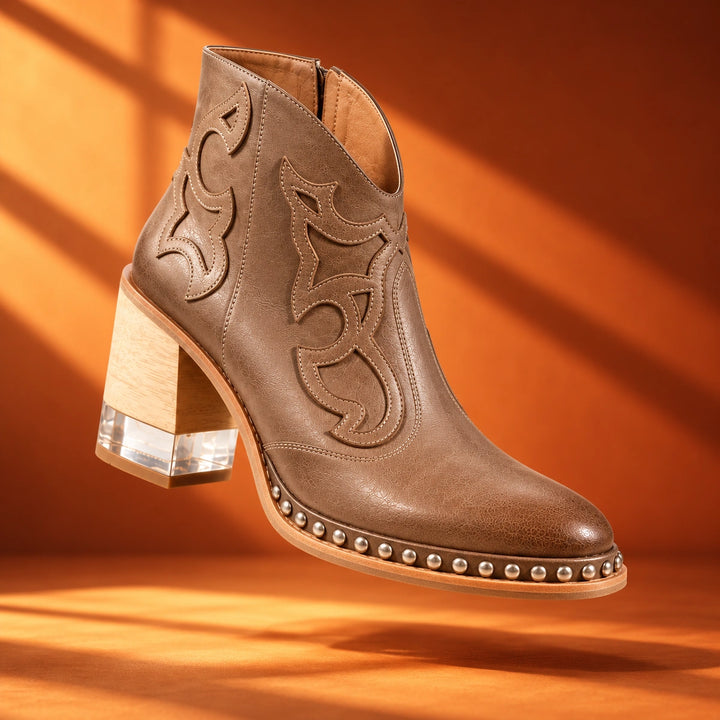 Sonia Studded Western Leather Ankle Boots - Taupe