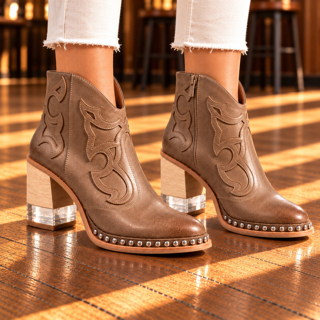 Sonia Studded Western Leather Ankle Boots - Taupe