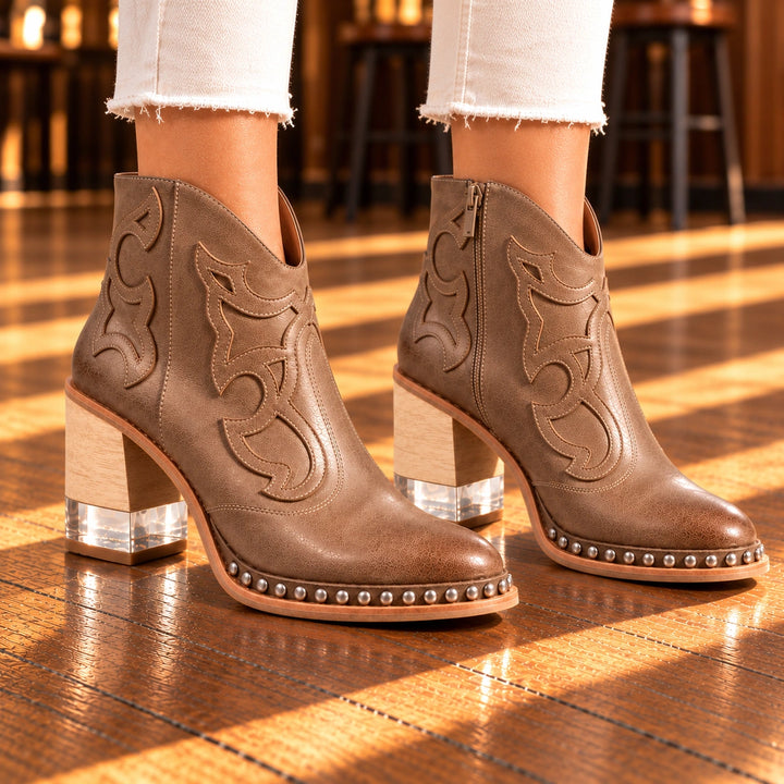 Sonia Studded Western Leather Ankle Boots - Taupe
