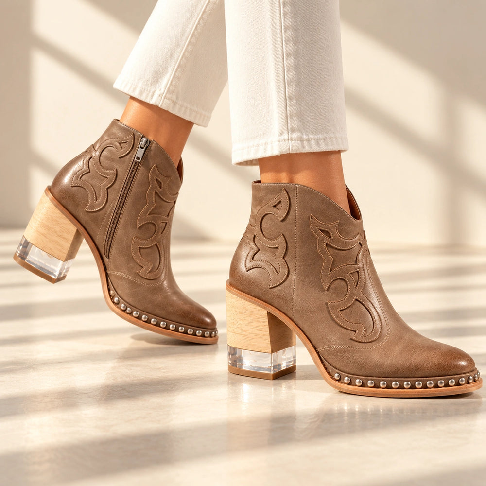 Sonia Studded Western Leather Ankle Boots - Taupe
