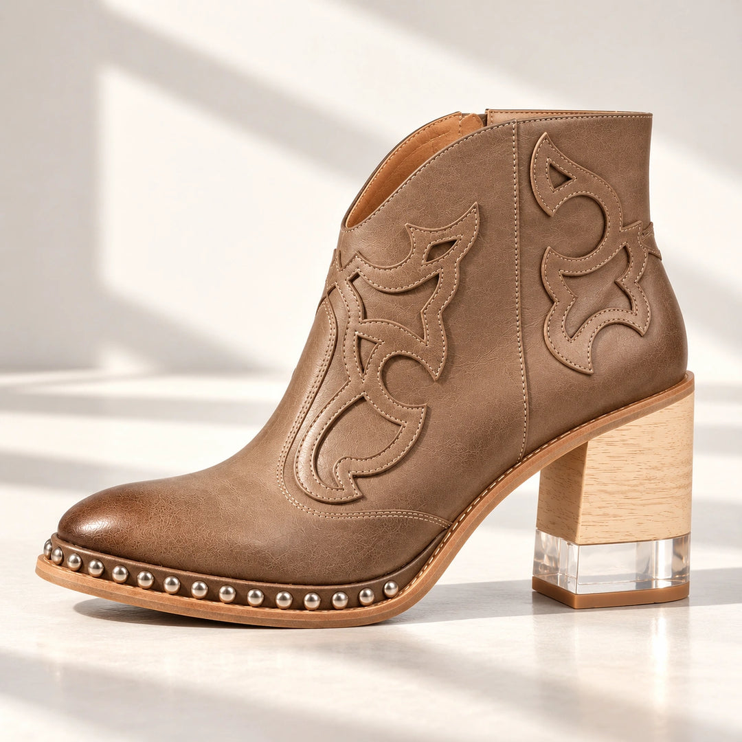 Sonia Studded Western Leather Ankle Boots - Taupe