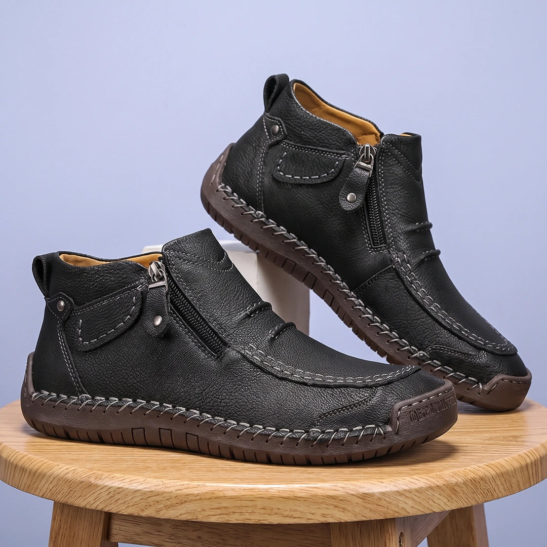 Stuart Leather Moc Toe Side Zip Boots - Black