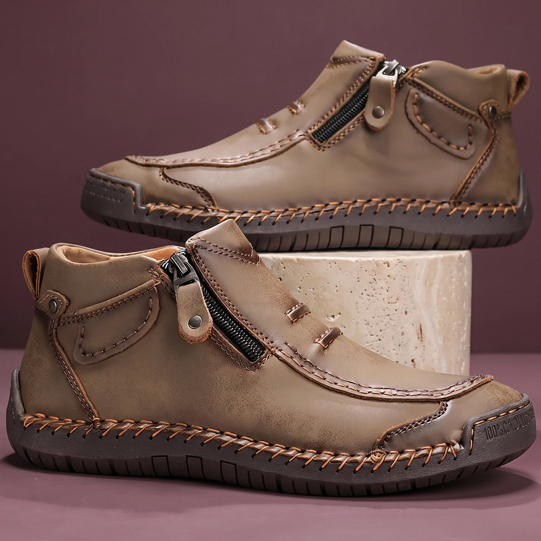 Stuart Leather Moc Toe Side Zip Boots - Khaki