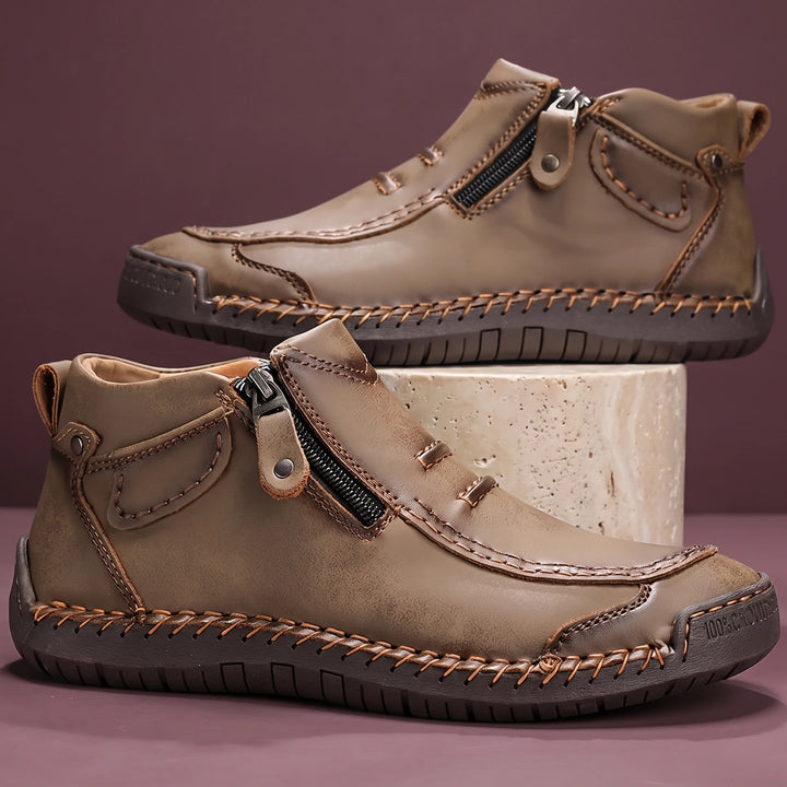 Stuart Leather Moc Toe Side Zip Boots - Khaki