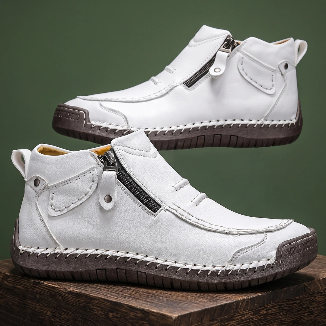 Stuart Leather Moc Toe Side Zip Boots - White
