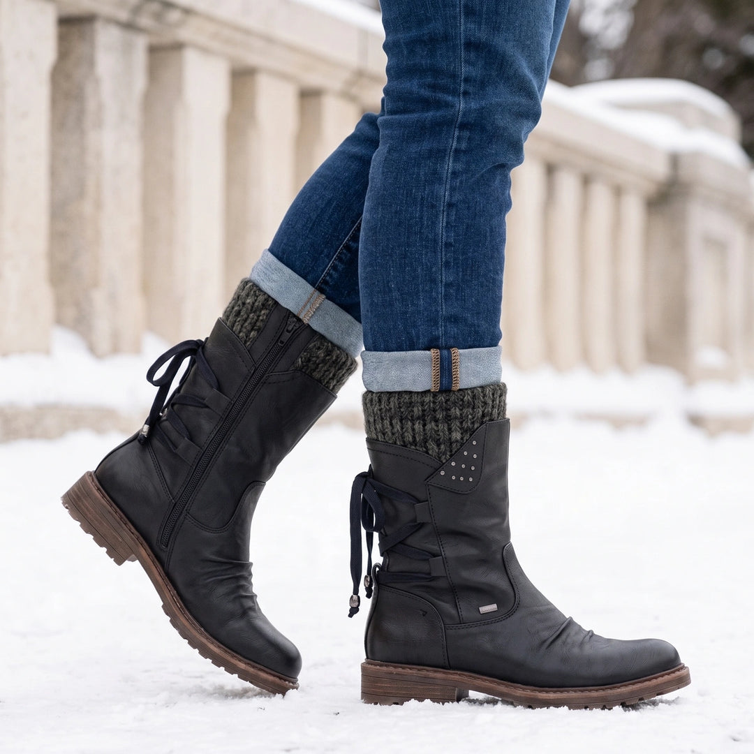 Sylvia Rhinestone Cuff Mid Calf Boots - Black