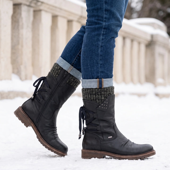 Sylvia Rhinestone Cuff Mid Calf Boots - Black