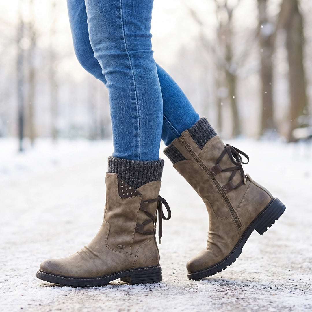 Sylvia Rhinestone Cuff Mid Calf Boots - Khaki