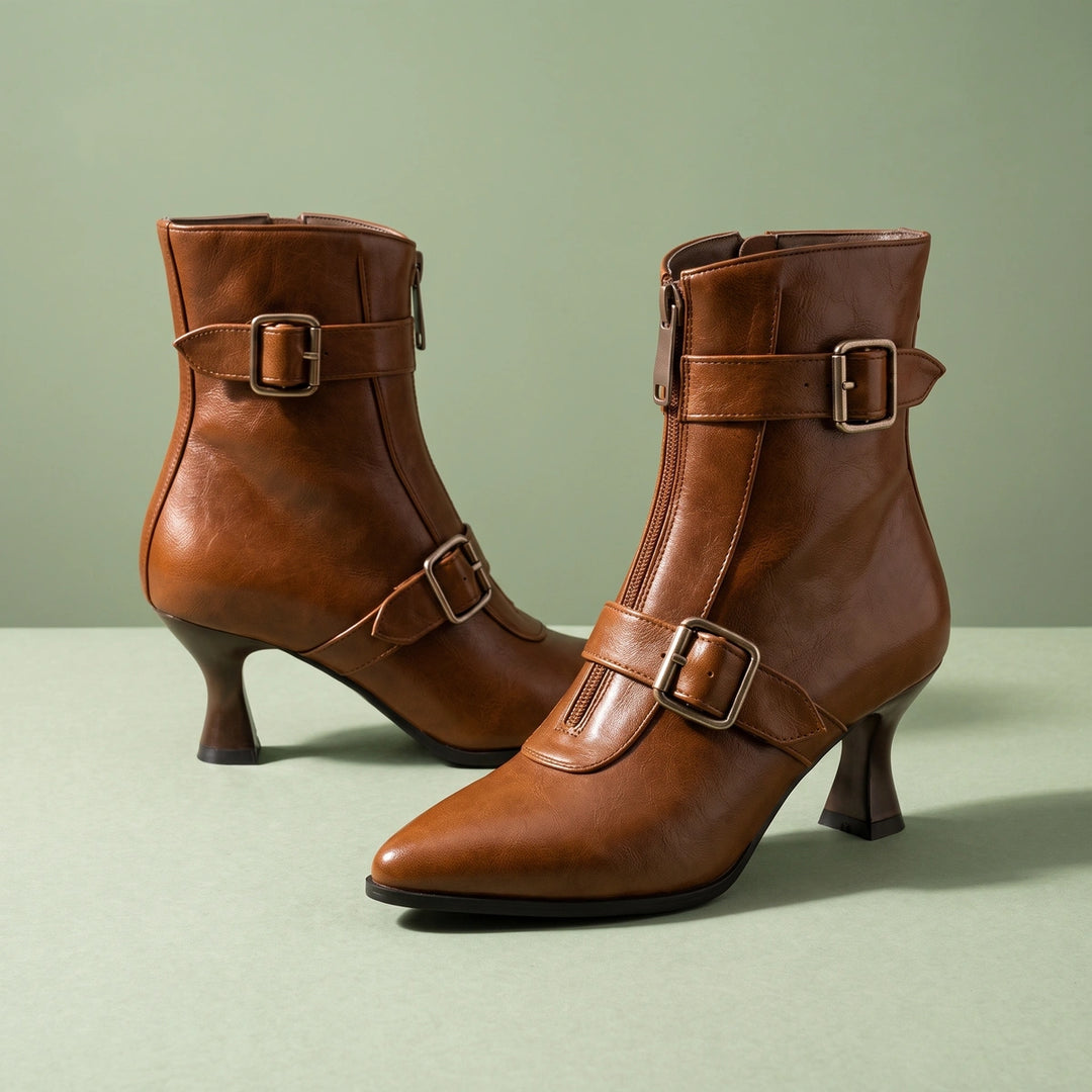 Tabitha Double Buckle Ankle Boots - Brown