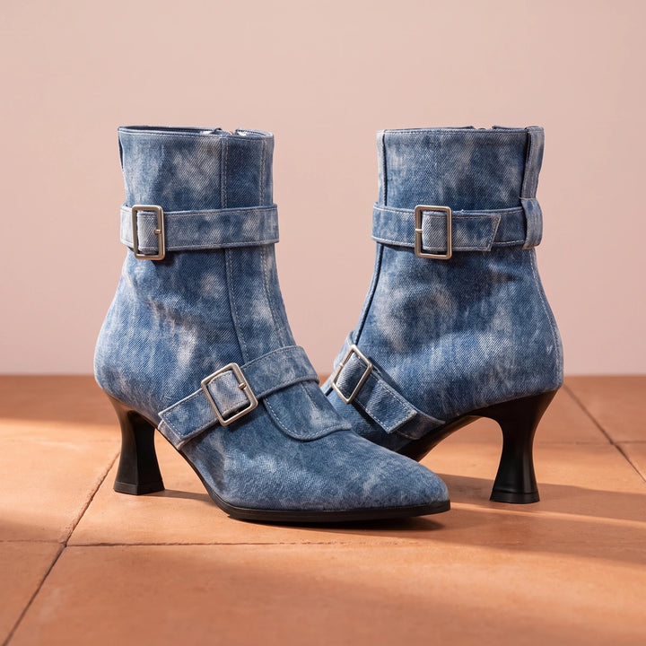 Tabitha Double Buckle Ankle Boots - Denim