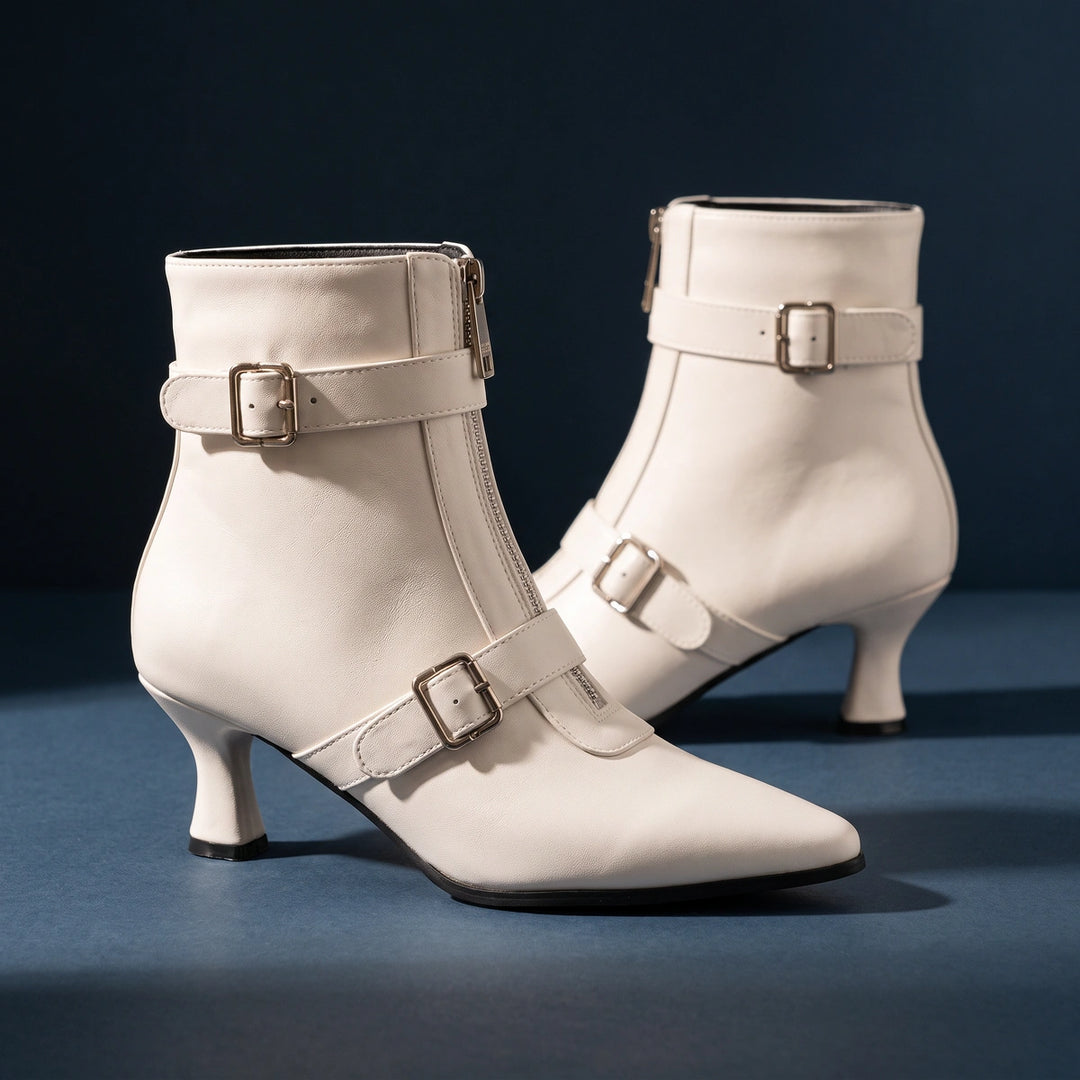 Tabitha Double Buckle Ankle Boots - White
