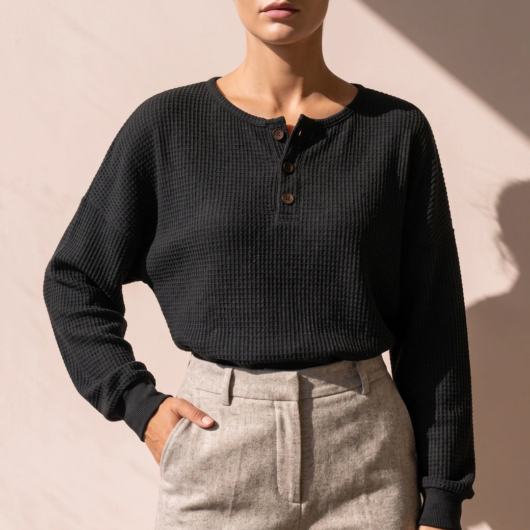 Tess Waffle Knit Oversized Henley - Black