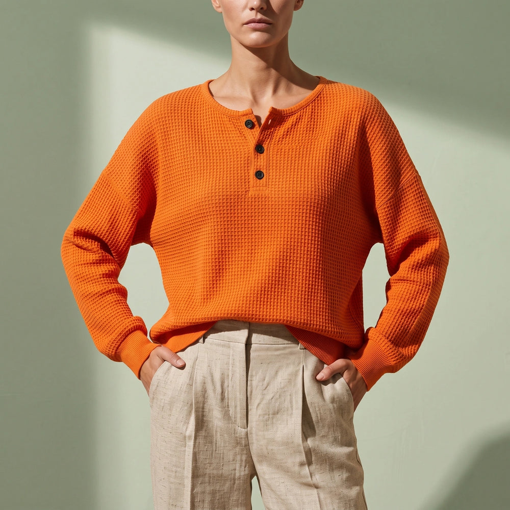 Tess Waffle Knit Oversized Henley - Orange