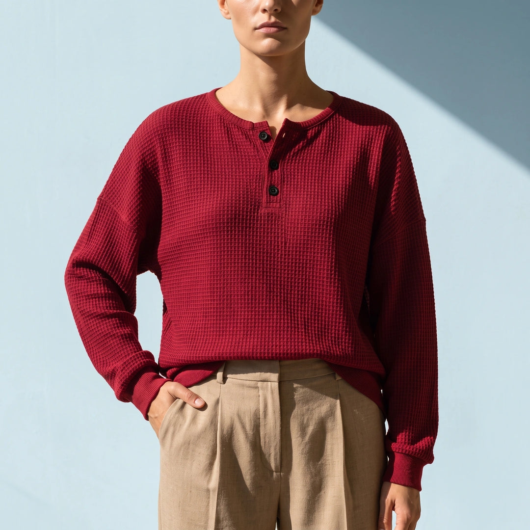 Tess Waffle Knit Oversized Henley - Red