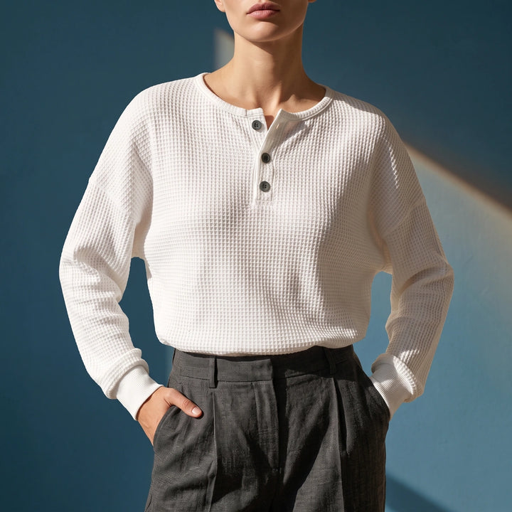 Tess Waffle Knit Oversized Henley - White