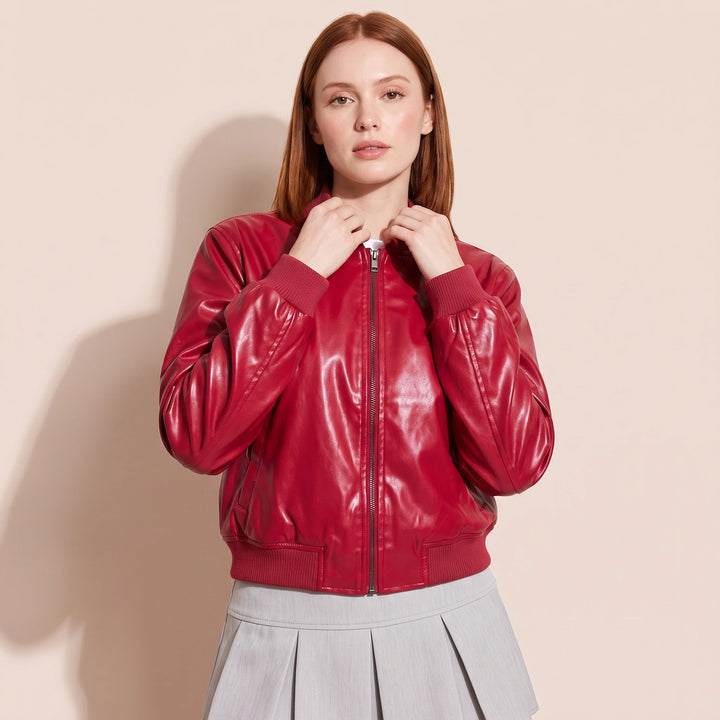 Theodosia Ribbed Cuff Leather Bomber Jacket - Red