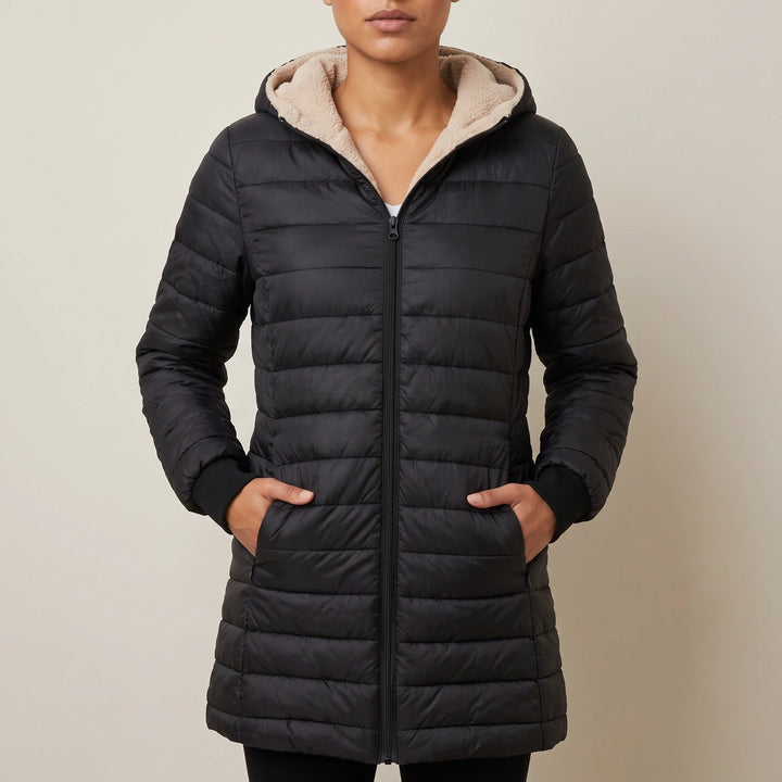 Theresia Fleece Lined Hooded Quilted Puffer Coat - Black