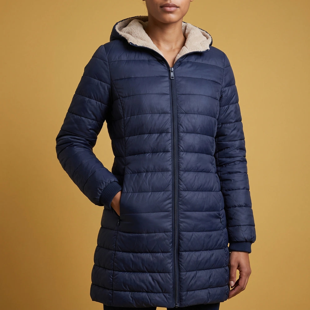 Theresia Fleece Lined Hooded Quilted Puffer Coat - Navy