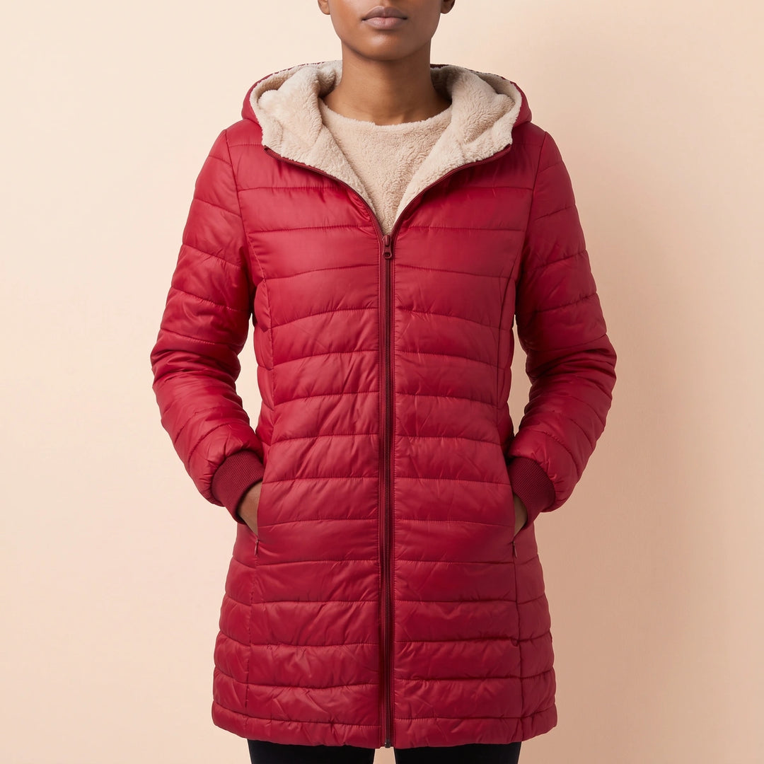 Theresia Fleece Lined Hooded Quilted Puffer Coat - Red