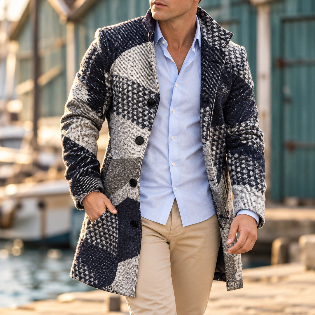 Thomas Houndstooth Weave Stand Collar Coat - Blue