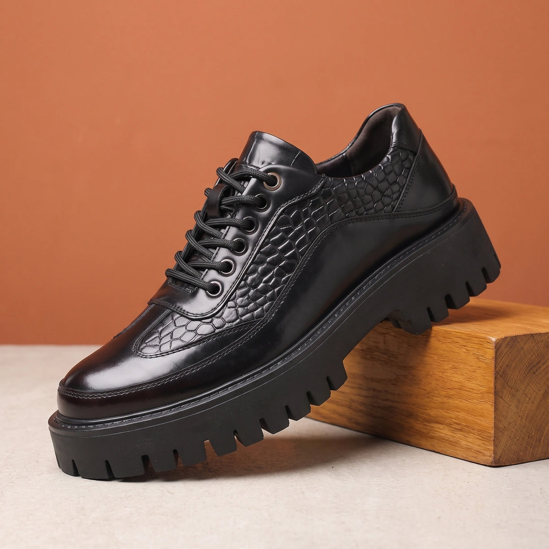 Tiberius Croc Accent Leather Chunky Tread Derbies - Black