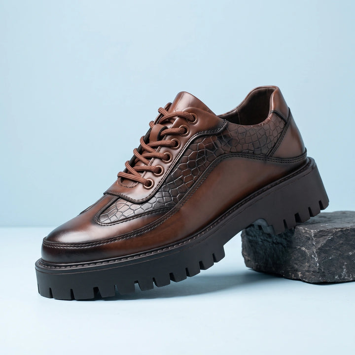 Tiberius Croc Accent Leather Chunky Tread Derbies - Dark Brown