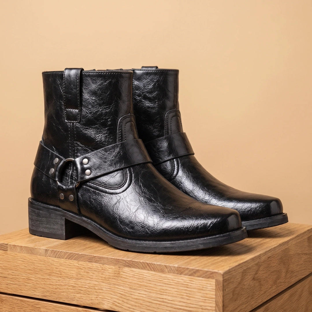 Tobias Leather Harness Ankle Boots - Black