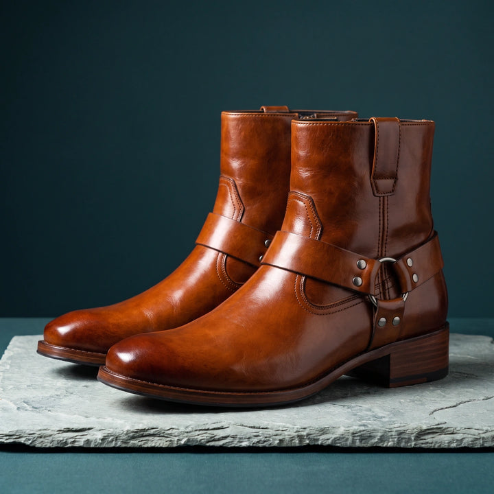 Tobias Leather Harness Ankle Boots - Brown