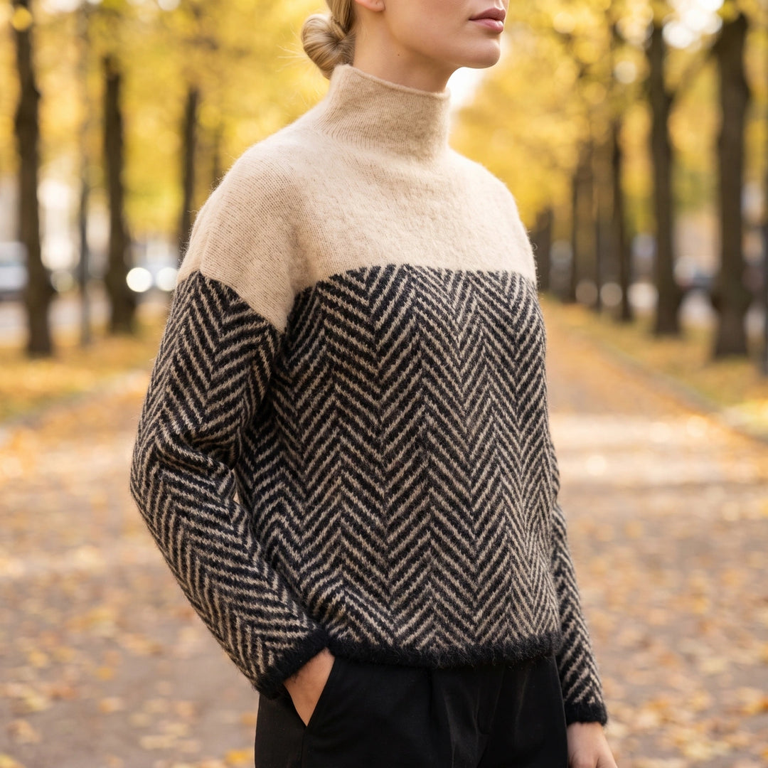 Tove Herringbone Colorblock Turtleneck Sweater - Beige