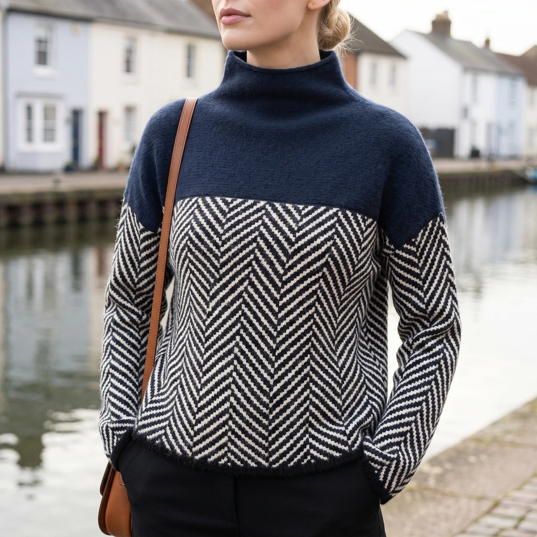 Tove Herringbone Colorblock Turtleneck Sweater - Blue
