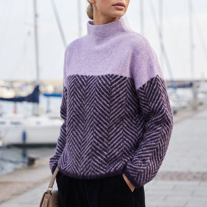 Tove Herringbone Colorblock Turtleneck Sweater - Purple