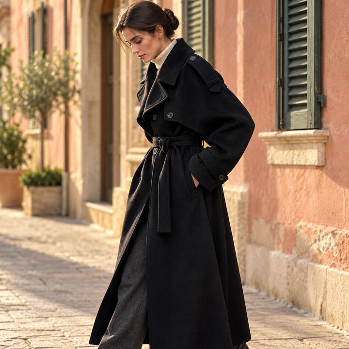 Vanessa Belted Wool Double Breasted Maxi Coat - Black