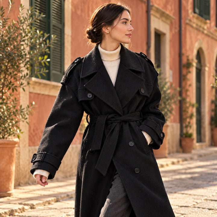 Vanessa Belted Wool Double Breasted Maxi Coat - Black