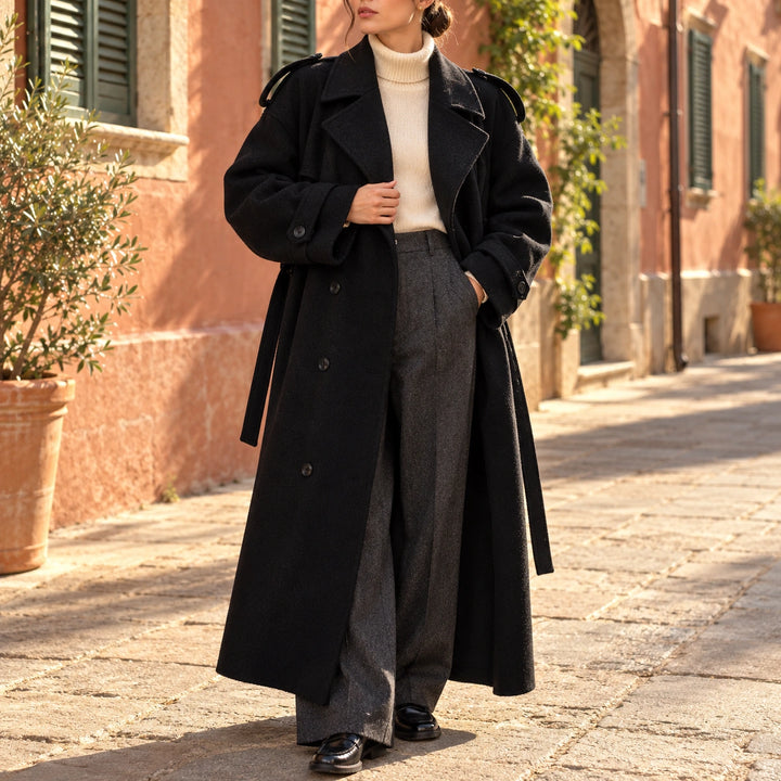 Vanessa Belted Wool Double Breasted Maxi Coat - Black