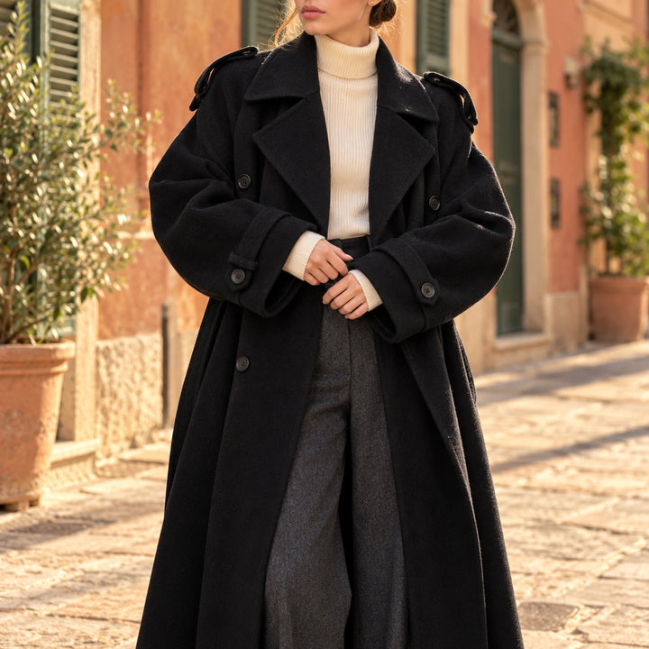 Vanessa Belted Wool Double Breasted Maxi Coat - Black