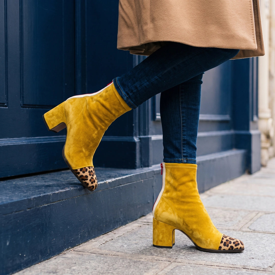 Vesper Vegan Suede Leopard Toe Ankle Boots - Yellow