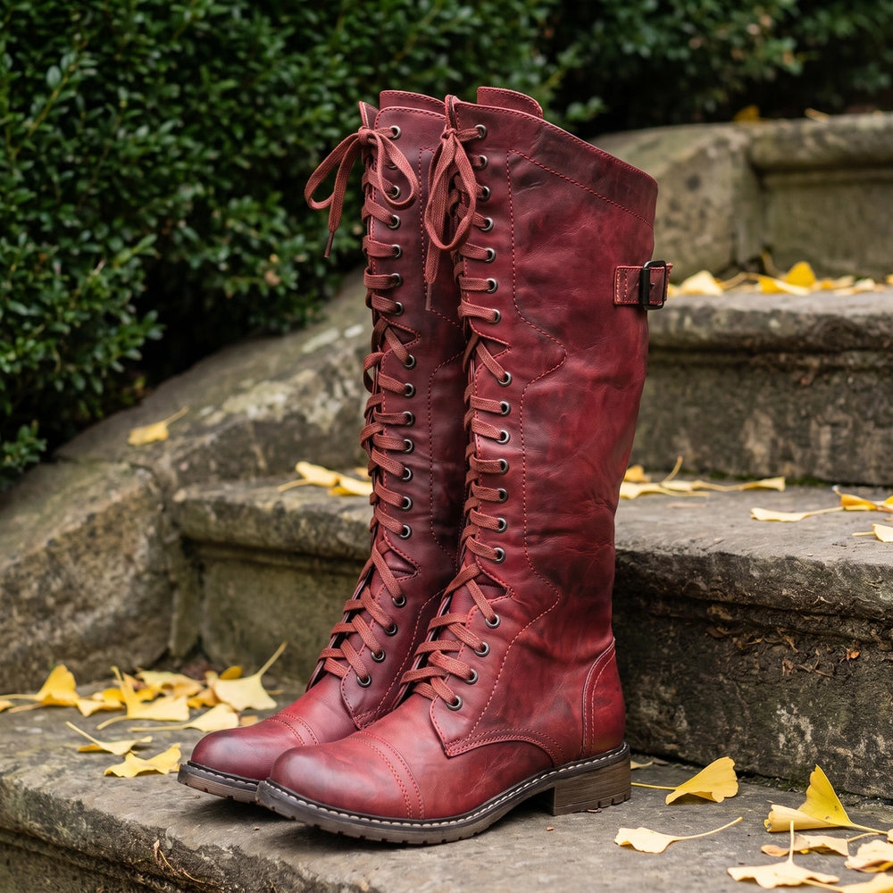 Victoria Leather Lace Up Riding Boots - Red