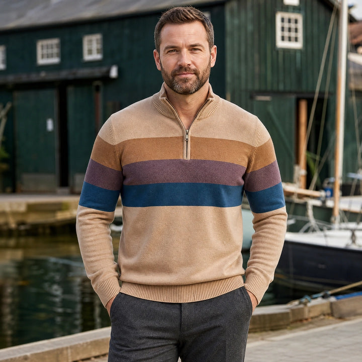 Viggo Cotton Colorblock Quarter Zip Sweater - Beige
