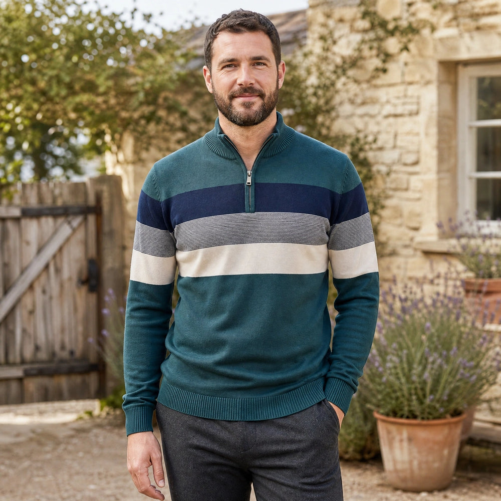 Viggo Cotton Colorblock Quarter Zip Sweater - Green