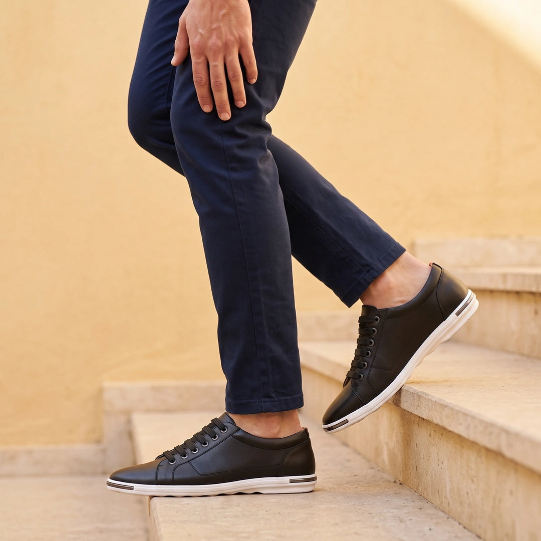 Vincenzo Genuine Leather Low Top Sneakers - Black