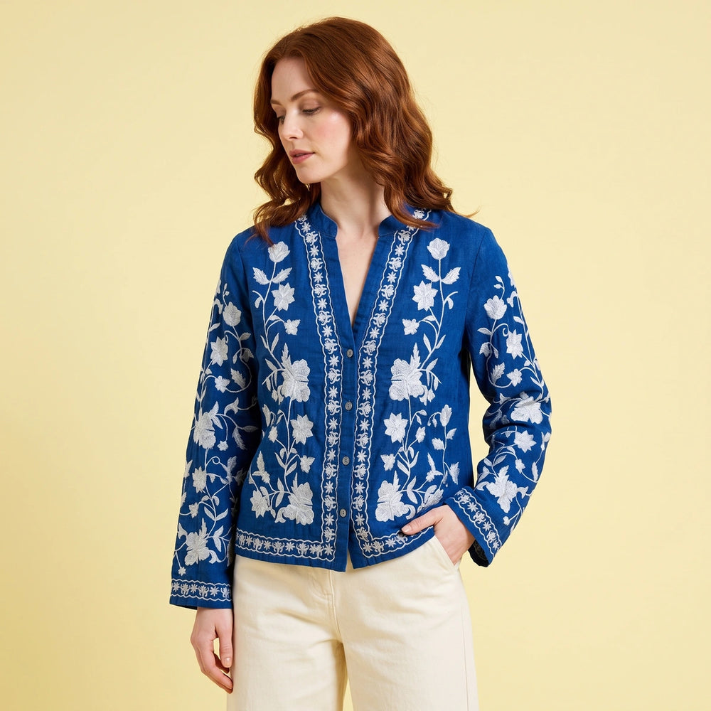 Viola Floral Embroidered Cardigan - Blue