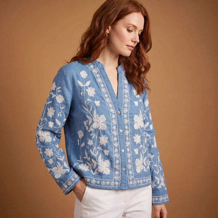 Viola Floral Embroidered Cardigan - Sky