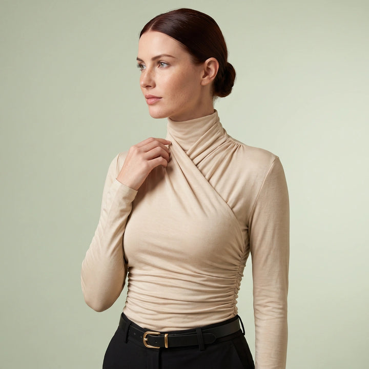 Violet Wrap Turtleneck Top - Beige