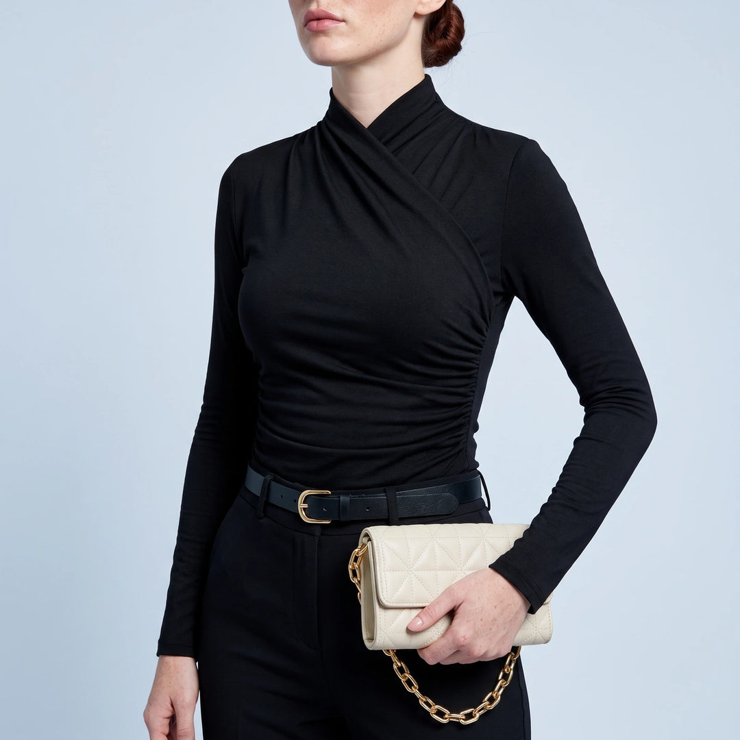 Violet Wrap Turtleneck Top - Black