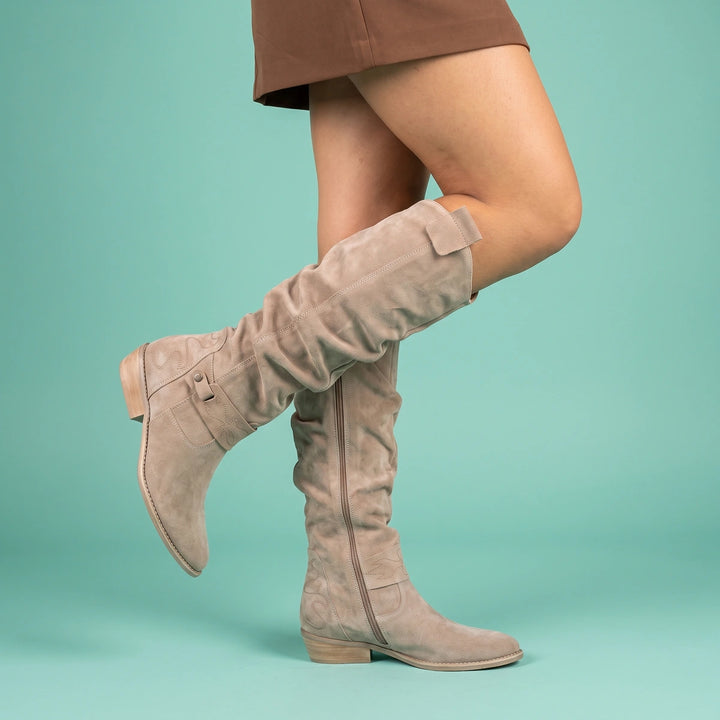 Vivian Suede Slouch Riding Boots - Apricot