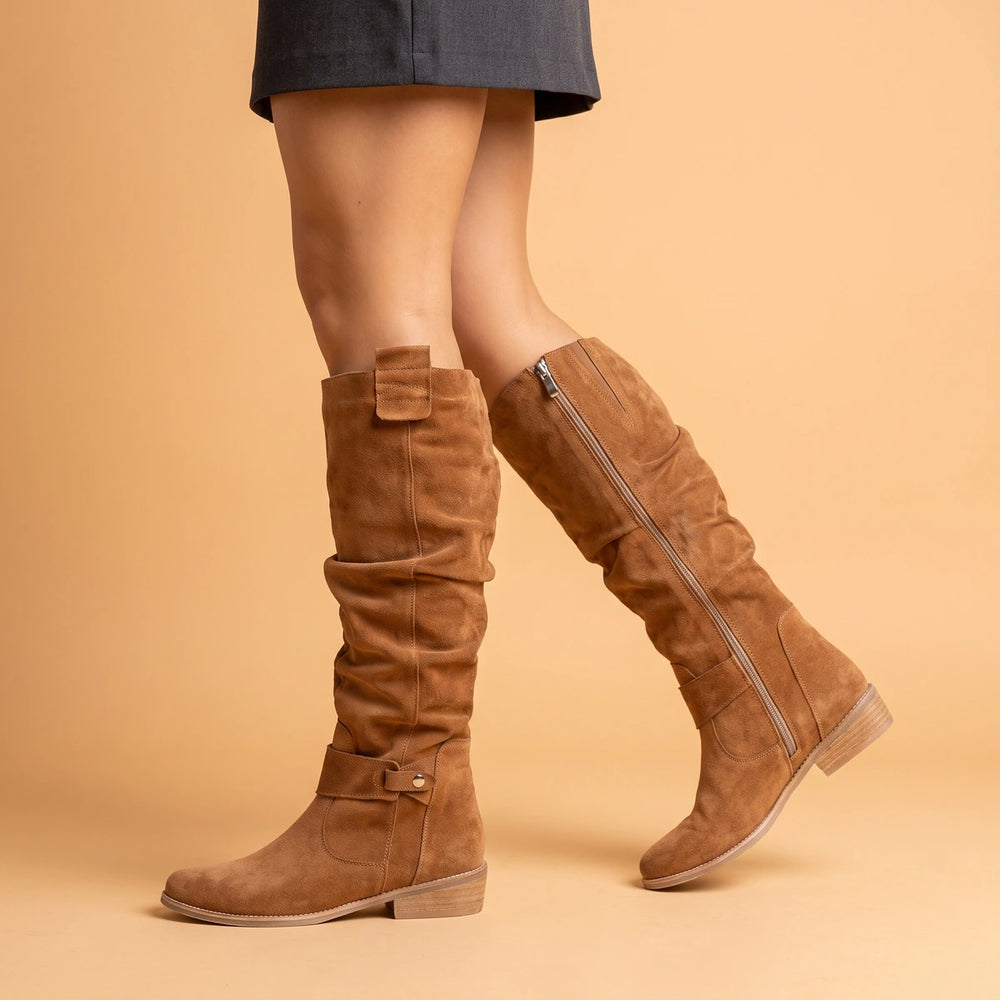 Vivian Suede Slouch Riding Boots - Brown