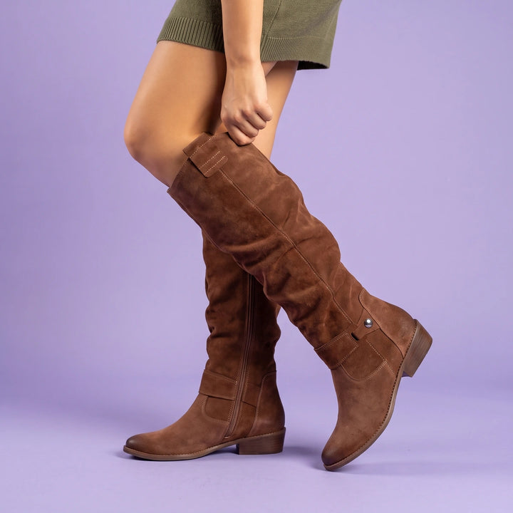Vivian Suede Slouch Riding Boots - Dark Brown
